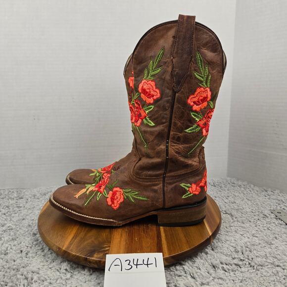 McAllen Boots Brown Leather Floral Embroidered Square Toe Western MX 26.5 US 9.5 - Picture 1 of 16